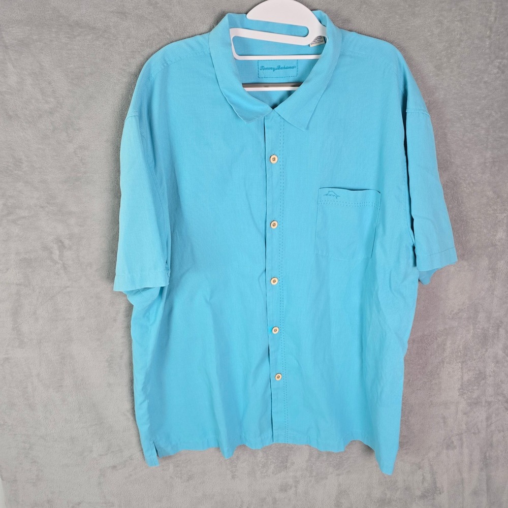 Tommy Bahama IslandZone Men XXL Silk Blend Button Shirt Turquoise Blue Short Slv